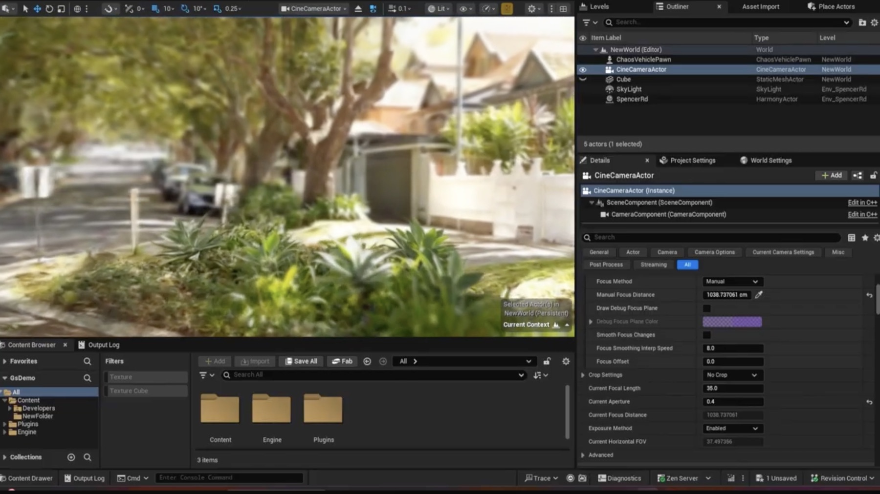 Harmony in the Unreal Editor: a Gaussian-splat street capture in the viewport, with a HarmonyActor in the Outliner